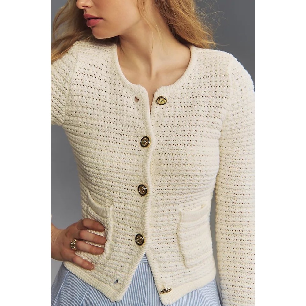 Anthropologie Cream Textured Knit Button Front Cardigan Gold Crest Buttons XL